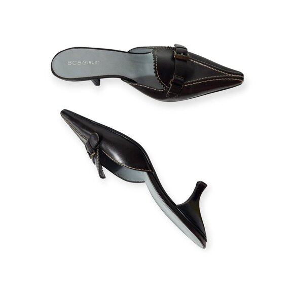 BCBGirls Brown Pointed Toe Kitten Heel Loafer Mules With Buckle Detail SZ 7.5 - Picture 4 of 14